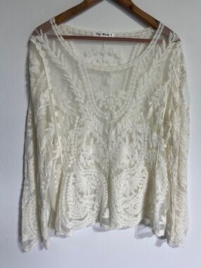 Say What? Women's Cream Lace Embroidered V-Neck Blouse. No size, estimated XL